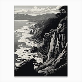 Tojinbo Cliffs In Fukui, Ukiyo E Black And White Line Art Drawing 1 Canvas Print