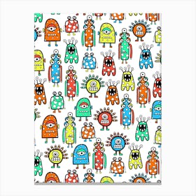 Happy Funky Monsters and Aliens Rainbow on White Kids Canvas Print