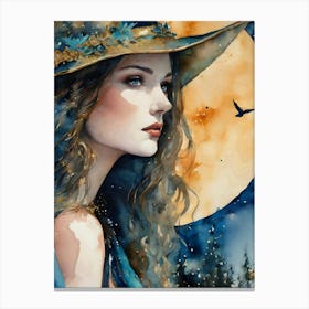 Moon Goddess - Turquoise and Gold Beautiful Lady Watercolor Siren Fairytale Gallery Feature Wall Perfect Face Visionary Fantasy Painting Gazing at the Full Moon Pagan Witch Magical HD 1 Canvas Print