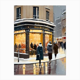 Paris cafes, winter season, Christmas, autumn oil colors, pale colors, pedestrians in the street, winter clothes, falling snow.Christmas decorations.10 Canvas Print