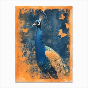 Orange & Navy Blue Peacock With Butterflies Canvas Print