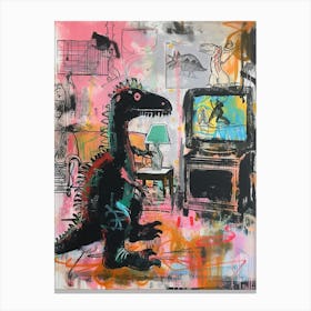 Dinosaur Watching Tv Pink Graffiti Brushstroke 1 Canvas Print
