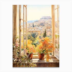 Window View Of  Athens Greece In Autumn Fall, Watercolour 2 Canvas Print