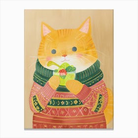 Cute Brown Cat Eating Salad Folk Illustration 3 Canvas Print