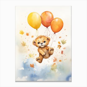Lion Flying With Autumn Fall Pumpkins And Balloons Watercolour Nursery 1 Canvas Print