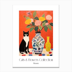 Cats & Flowers Collection Rose Flower Vase And A Cat, A Painting In The Style Of Matisse 0 Canvas Print
