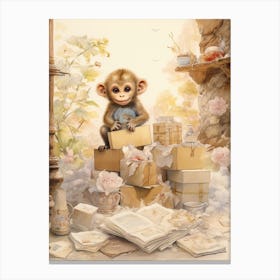 Monkey Painting Collecting Stamps Watercolour 4 Canvas Print