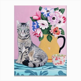 Cat With Flowers And Cup Canvas Print