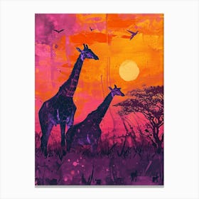 Two Giraffes At Sunset Purple 2 Canvas Print