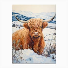 Traditional Watercolour Illustration Of Highland Cow In The Snowy Field 1 Canvas Print