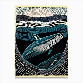 Stormy Whale Linocut Canvas Print