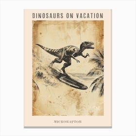 Vintage Microraptor Dinosaur On A Surf Board 2 Poster Canvas Print