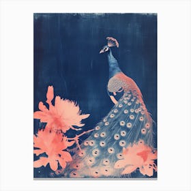 Cyanotype Inspired Peacock In The Leaves 2 Canvas Print