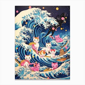 The Great Wave Off Kanagawa Pink Cats Kitsch Canvas Print