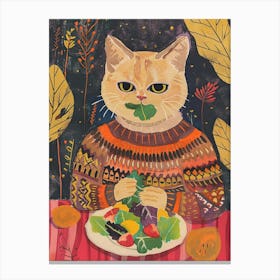 Cute Brown Cat Eating Salad Folk Illustration 4 Canvas Print