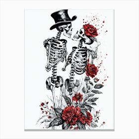 Floral Abstract Kissing Skeleton Lovers Ink Painting (14) Canvas Print