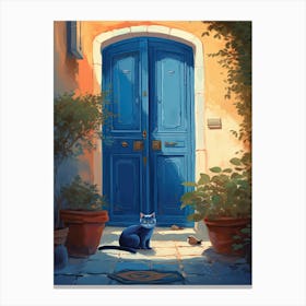 Black Blue Cat Mediterranean Blue Door Canvas Print