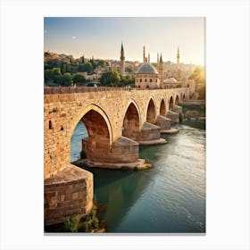 Ottoman Footbridge Arching Gracefully Over A Serene River Ancient Town Sprawling Hillside With Cobb (1) Canvas Print