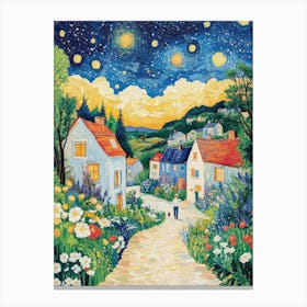 Colorful Summer Village Houses In Starry Night Art Print Canvas Print