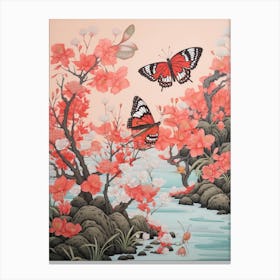 Pink Blush Flowers & Butterflies Japanese Style Painting Canvas Print