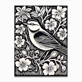 B&W Bird Linocut Carolina Chickadee 3 Canvas Print