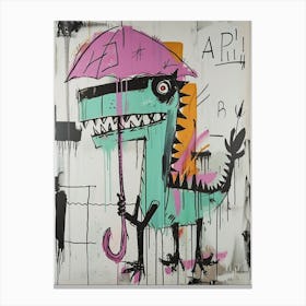 Dinosaur In The Rain Holding An Umbrella Teal Purple 1 Canvas Print