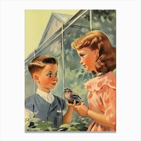 Vintage Retro Kids With Bird Illustration Kitsch 8 Canvas Print