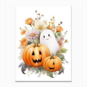 Cute Ghost With Pumpkins Halloween Watercolour 87 Canvas Print