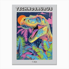 Neon T Rex Dinosaur Leaf Illustration Poster Canvas Print
