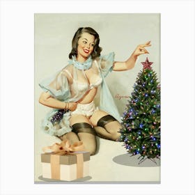 Sexy Pinup Girl Is Decorating A Christmas Tree Canvas Print