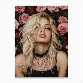 Punk Blonde Woman And Pink Roses 7 Canvas Print