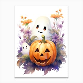 Cute Ghost With Pumpkins Halloween Watercolour 68 Canvas Print