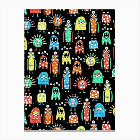 Happy Funky Monsters and Aliens Rainbow on Black Kids Canvas Print