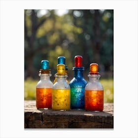 Colorful Bottles On A Wooden Table Canvas Print