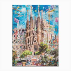 Barcelona   Retro Collage Style 2 Canvas Print