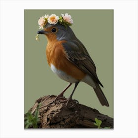 Robin With Flower Crown Canvas Print