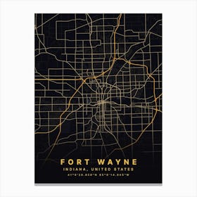 Fort Wayne Indiana USA Black And Gold Map Canvas Print