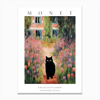 Monet Style Garden With A Black Cat 2 Poster Canvas Print