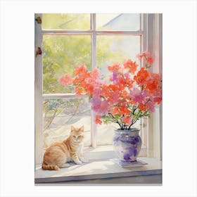 Cat With Azalea Flowers Watercolor Mothers Day Valentines 3 Canvas Print