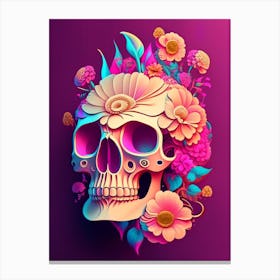 Skull With Psychedelic Patterns Pink 2 Vintage Floral Canvas Print