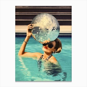 Disco Ball Woman in Pool, Preppy Aesthetic, Summer Canvas Print