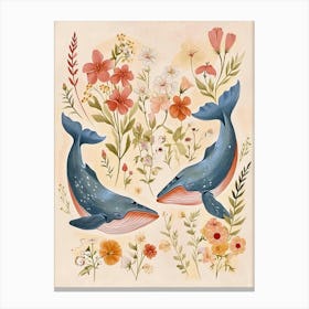 Folksy Floral Animal Drawing Whale Canvas Print