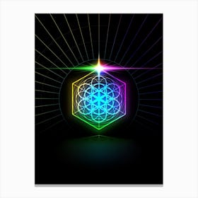 Neon Geometric Glyph in Candy Blue and Pink with Rainbow Sparkle on Black n.0420 Canvas Print