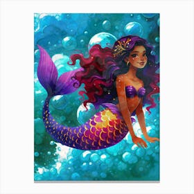 Mermaid, latina, Melanin, cute, curly, underwater, bubbles, blue, ocean, sea, kids Canvas Print