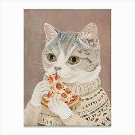 Grey And White Cat Pizza Lover Folk Illustration 4 Canvas Print