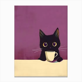 Black Cat With A Cup Of Coffee Canvas Print