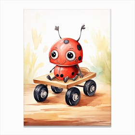 Baby Ladybug On A Toy Car, Watercolour Nursery 3 Canvas Print