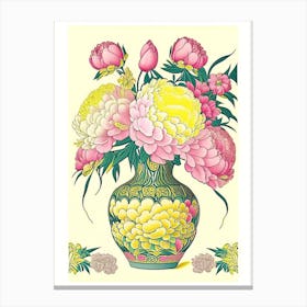 Vase Of Colourful Peonies Pink And Yellow 1 Drawing Canvas Print