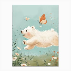 Polar Bear Cub Chasing After A Butterfly Storybook Illustration 1 Canvas Print