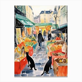 Food Market With Cats In Paris 1 Watercolour Canvas Print